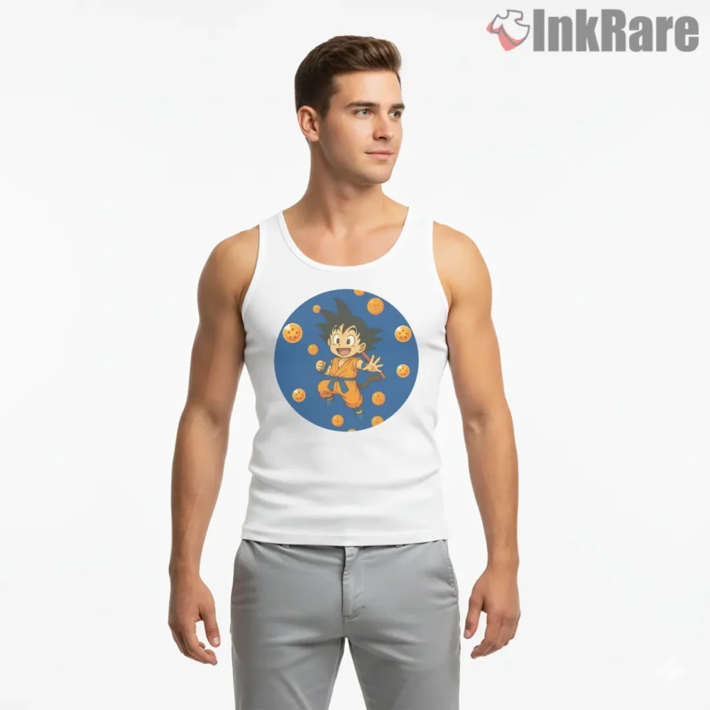Chibi Goku Dragon Ball Orbit Shirt on white tank top for men graphic tee