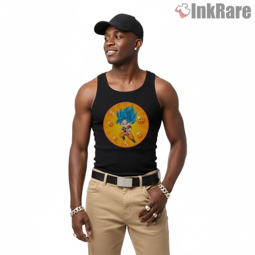 Chibi Goku Super Saiyan Blue Dragon Ball Shirt on black tank top for men graphic tee