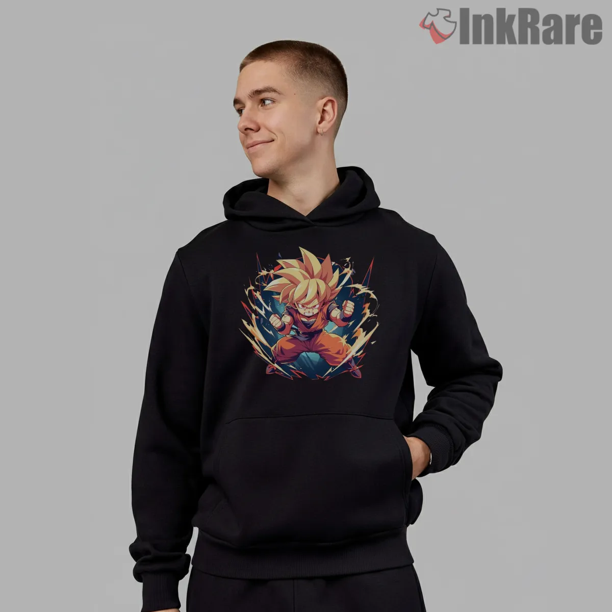 Chibi Goku Super Saiyan Lightning Burst Hoodie Black Chibi Goku Super Saiyan Lightning Burst Shirt on black hoodie for men graphic tee