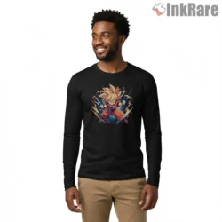 Chibi Goku Super Saiyan Lightning Burst Shirt on black long sleeve shirt for men graphic tee