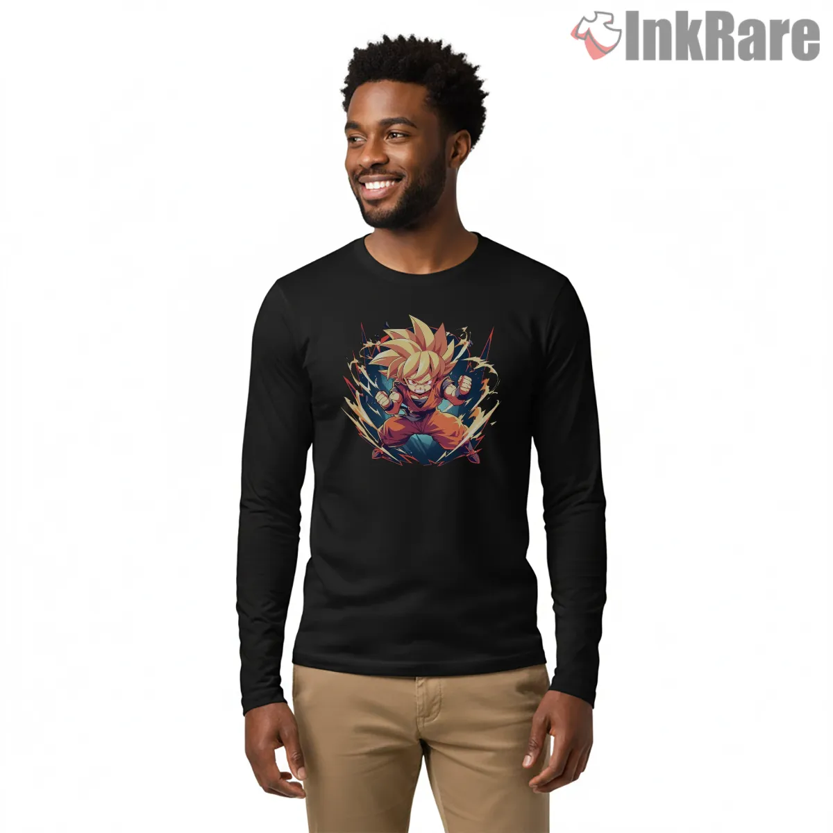 Chibi Goku Super Saiyan Lightning Burst Long Sleeve Black Chibi Goku Super Saiyan Lightning Burst Shirt on black long sleeve shirt for men graphic tee