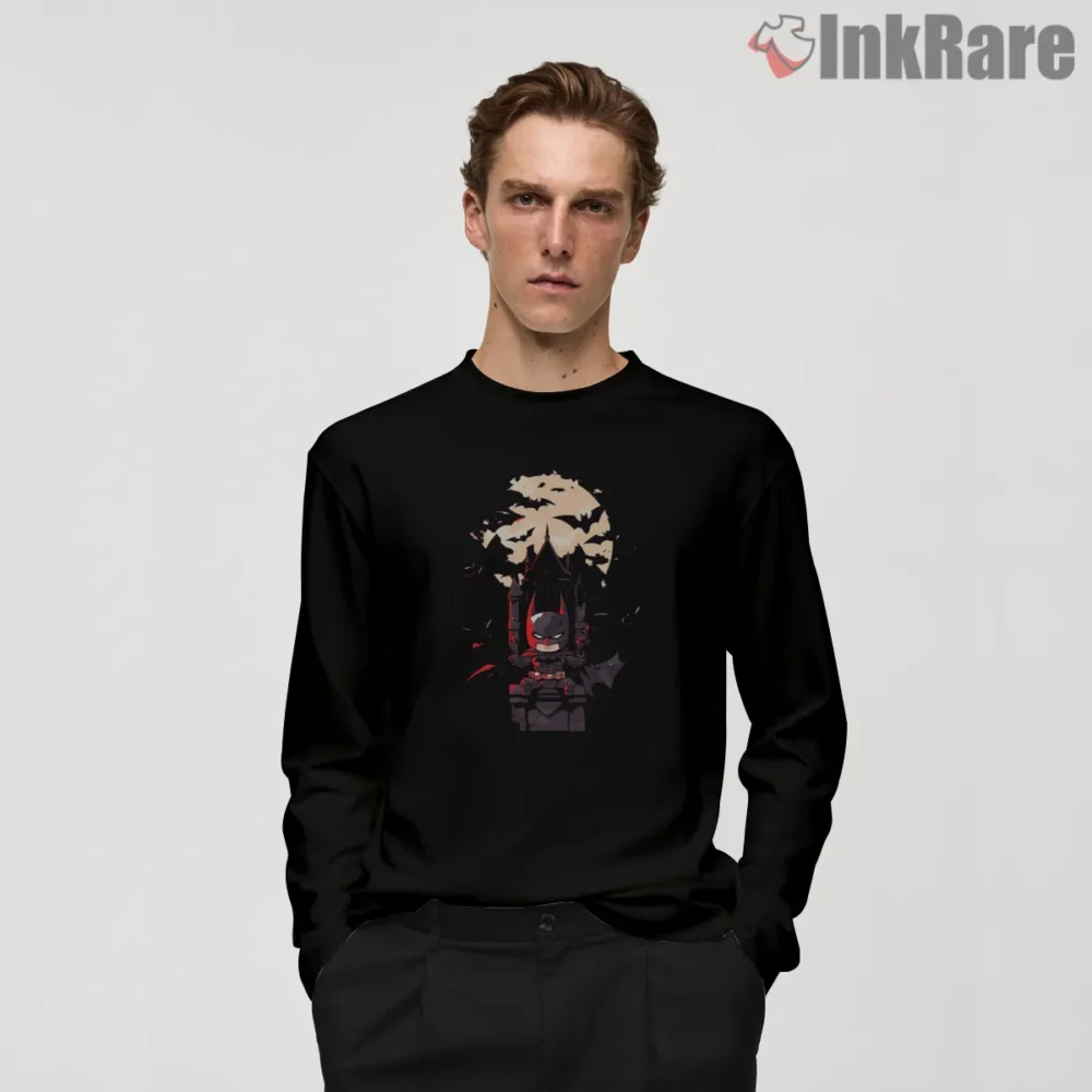 Chibi Guardian Gotham Cathedral Batman Shirt on black long sleeve shirt for men graphic tee