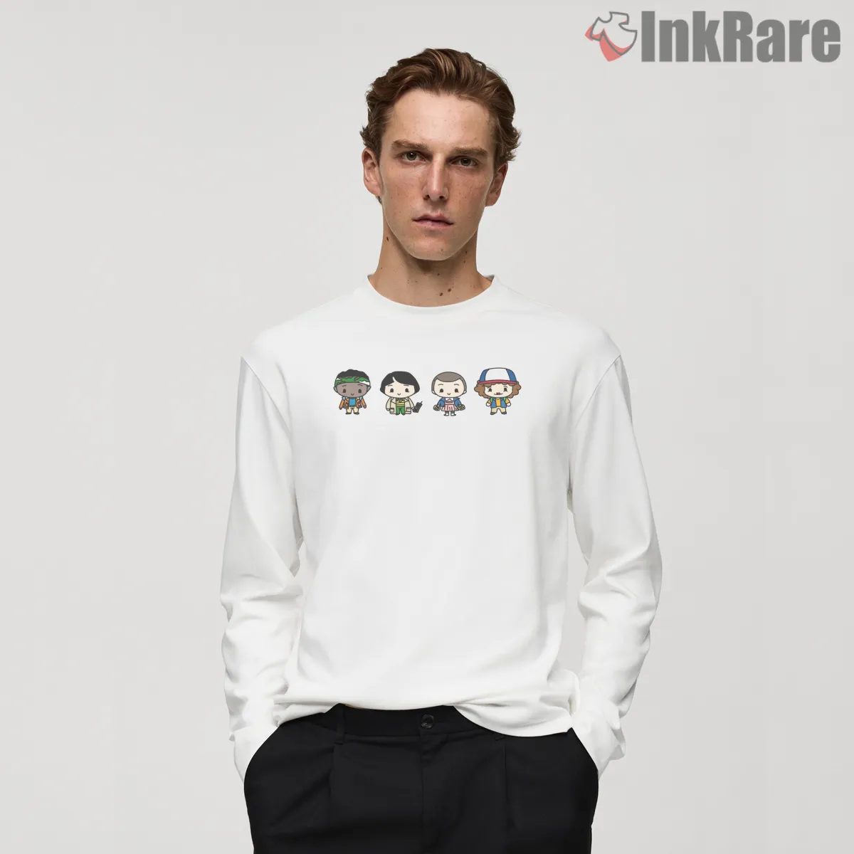 Chibi Hawkins Kids Cartoon Character Long Sleeve White Chibi Hawkins Kids Cartoon Character Shirt on white long sleeve shirt for men graphic tee