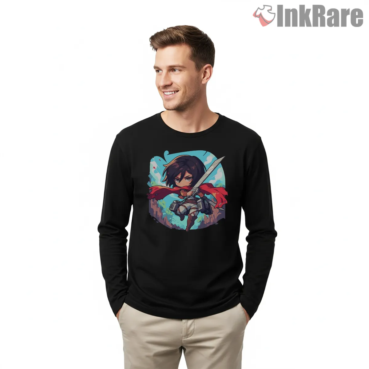 Chibi Mikasa Blade Guardian Shirt on black long sleeve shirt for men graphic tee