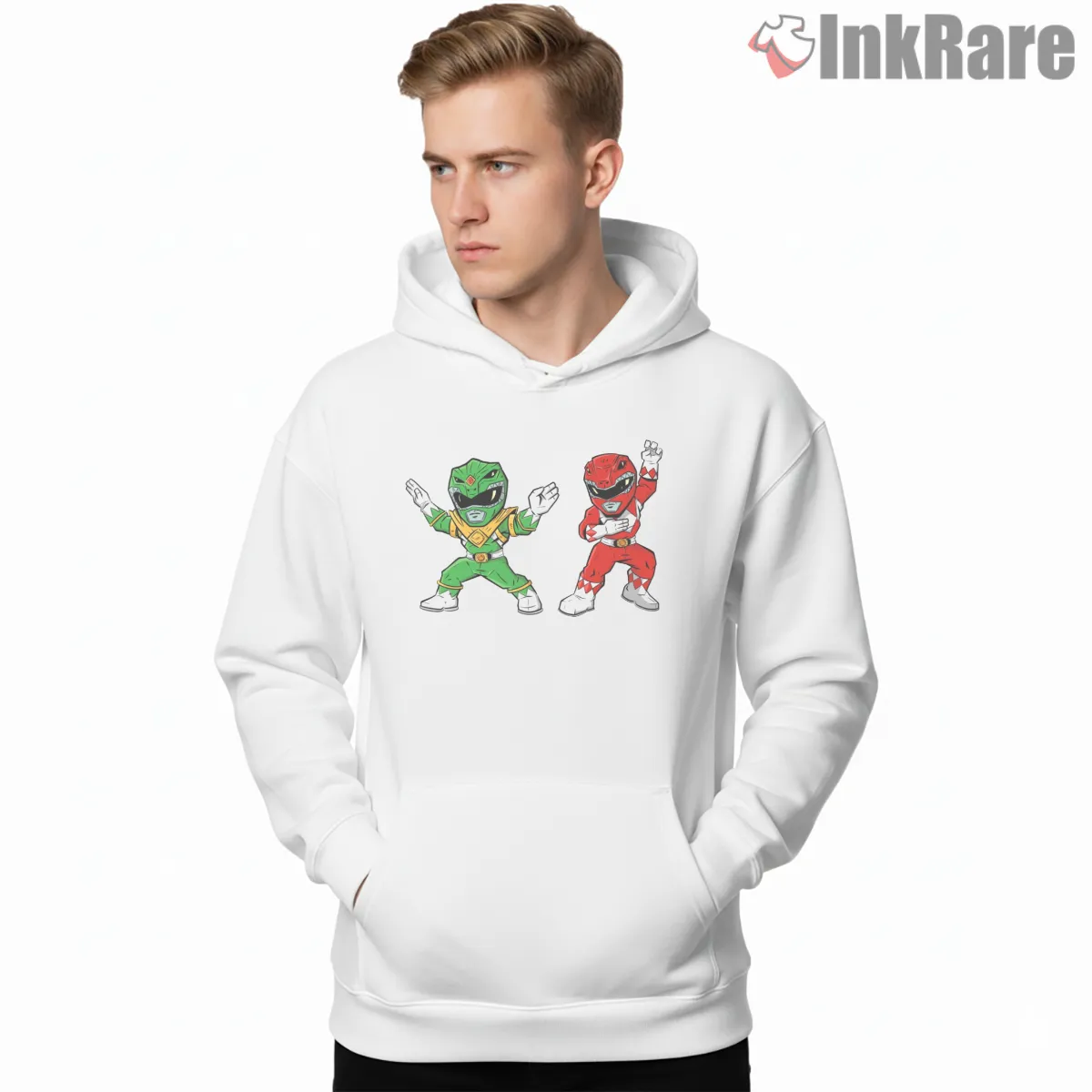 Chibi Red And Green Ranger Hero Duo Hoodie White Chibi Red And Green Ranger Hero Duo Shirt on white hoodie for men graphic tee