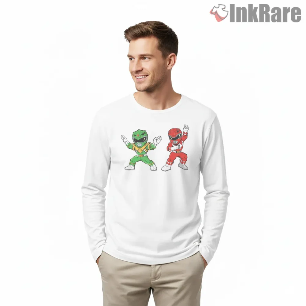 Chibi Red And Green Ranger Hero Duo Shirt on white long sleeve shirt for men graphic tee