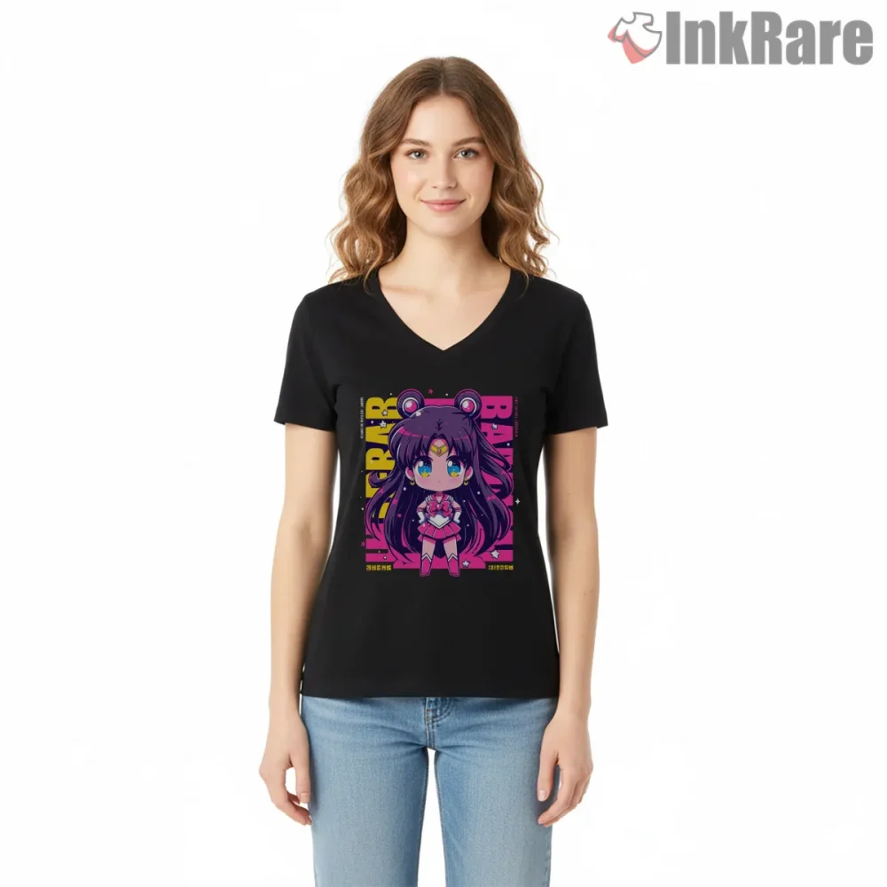 Chibi Sailor Mars Bold Fan Art Anime Shirt on black v-neck shirt for women graphic tee