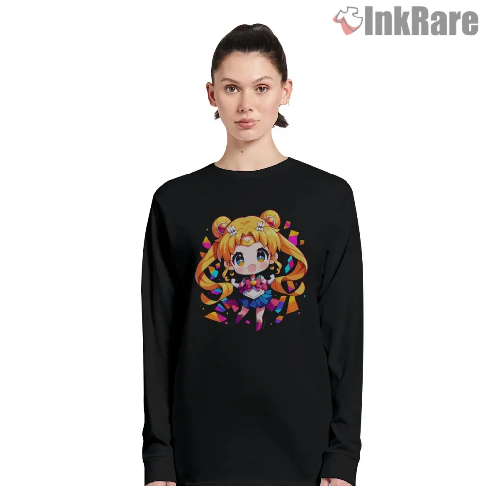 Chibi Sailor Moon Confetti Celebration Shirt on black long sleeve shirt for women graphic tee