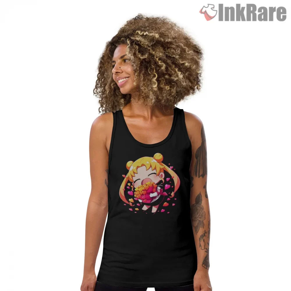 Chibi Sailor Moon Heart Burst Cute Shirt on black tank top for women graphic tee