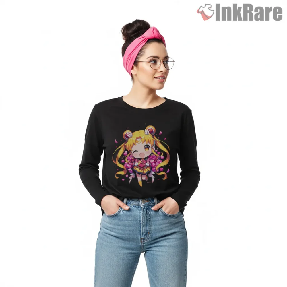 Chibi Sailor Moon Valentine Heart Shower Shirt on black long sleeve shirt for women graphic tee