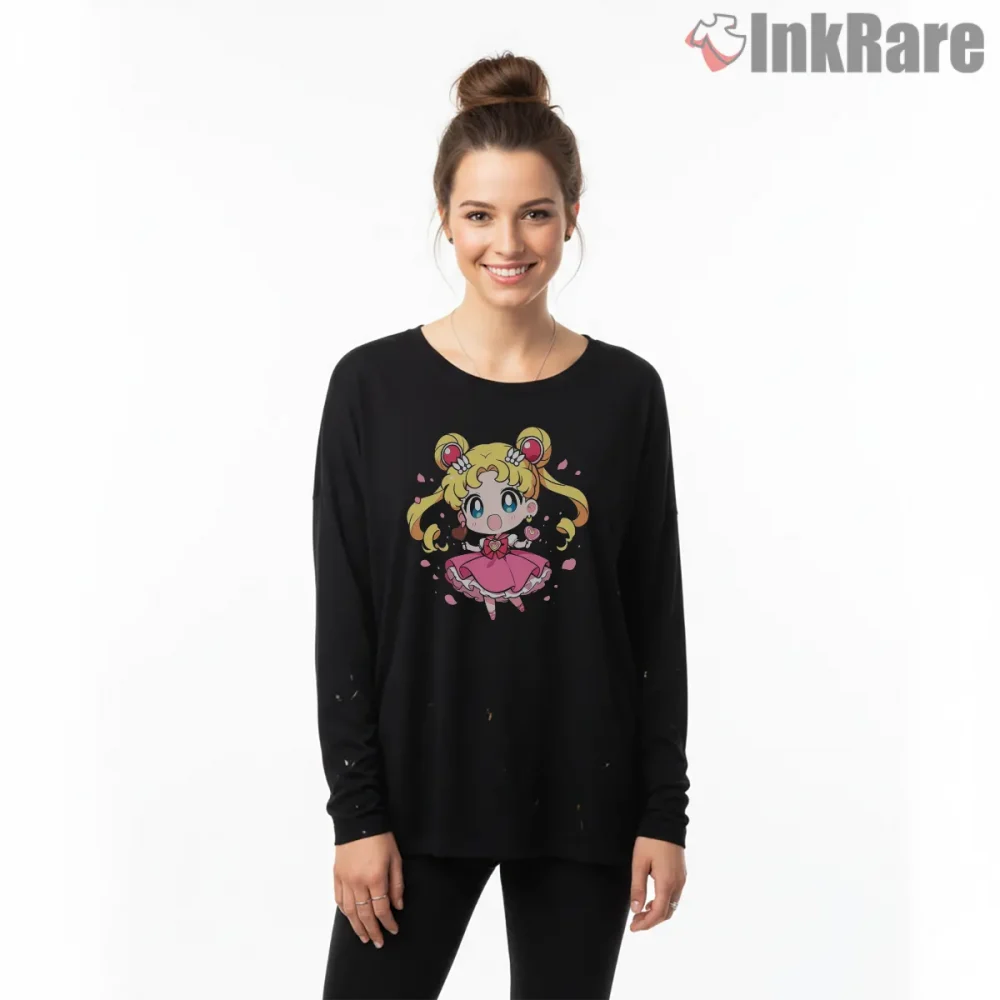 Chibi Usagi Tsukino Valentine Cute Anime Shirt on black long sleeve shirt for women graphic tee
