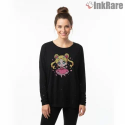 Chibi Usagi Tsukino Valentine Cute Anime Shirt on black long sleeve shirt for women graphic tee