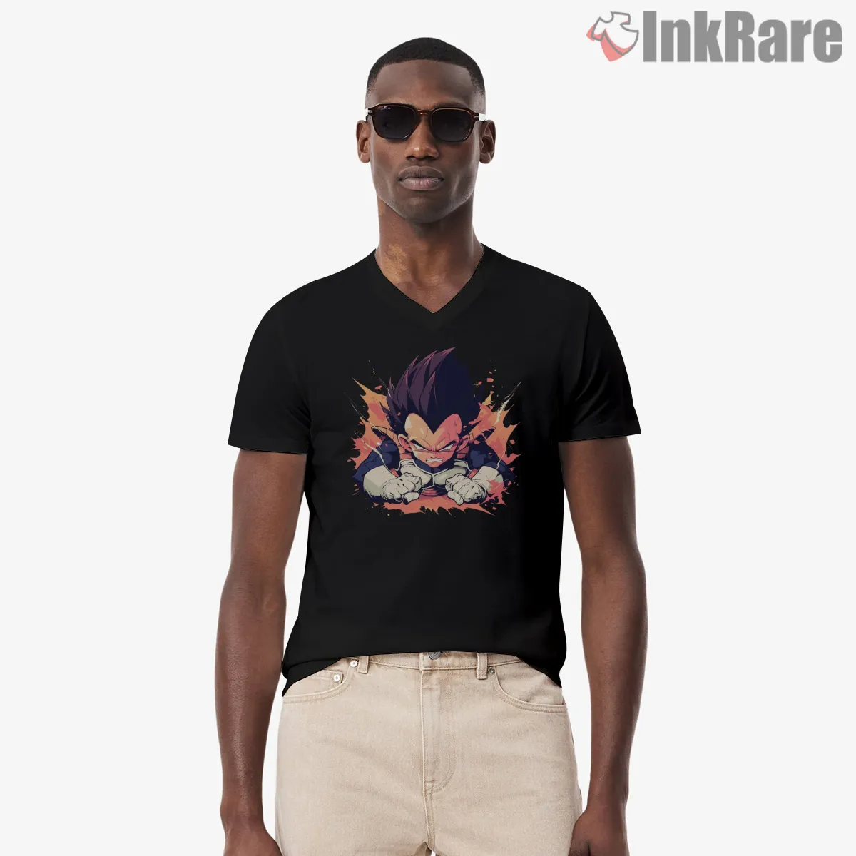 Chibi Vegeta Explosive Fury V Neck Black Chibi Vegeta Explosive Fury Shirt on black v-neck shirt for men graphic tee
