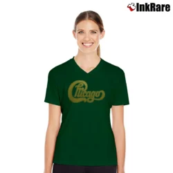 Women’s Chicago Band Golden Logo V-Neck Tee in forest green | Chic Neckline, Soft Texture