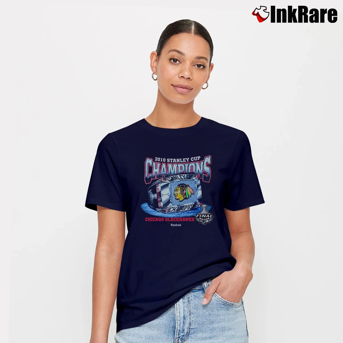 Chicago Blackhawks 2010 Stanley Cup Champions Women’s Tee in navy – Effortless Style Women’s Chicago Blackhawks 2010 Stanley Cup Champions T-Shirt in navy | Soft, Flattering Fit