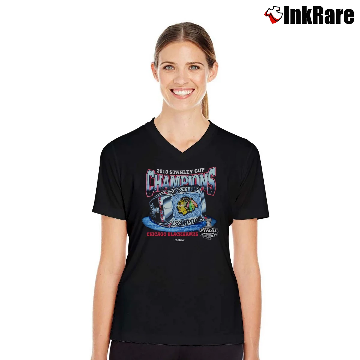 Chicago Blackhawks 2010 Stanley Cup Champions Women’s V-Neck Tee in black – Flattering Fit Women’s Chicago Blackhawks 2010 Stanley Cup Champions V-Neck Tee in black | Chic Neckline, Soft Texture