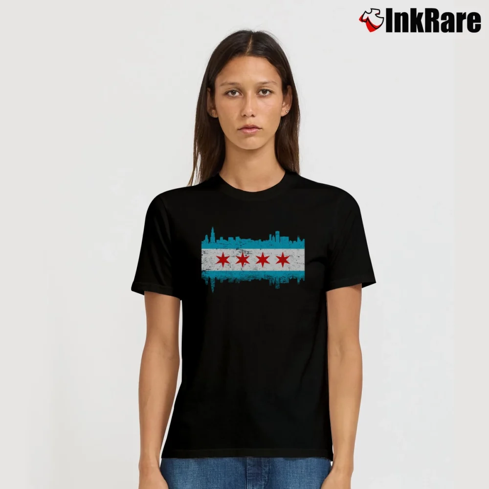 Women’s Chicago City Flag Skyline Retro Signature T-Shirt in black | Soft, Flattering Fit