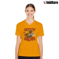 Women’s Chicago Cubs 1984 Gettin' Mean Caricature Iconic Cubbie In Uniform V-Neck Tee in orange | Chic Neckline, Soft Texture