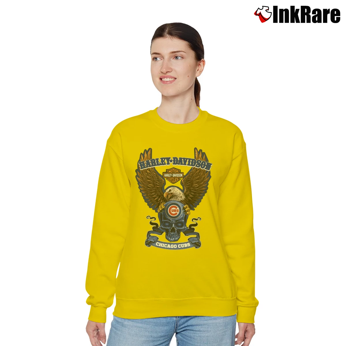 Chicago Cubs Harley Davidson Motorcycle Eagle Skull Women’s Relaxed Sweatshirt in yellow – Cozy Casual Women’s Chicago Cubs Harley Davidson Motorcycle Eagle Skull Relaxed Sweatshirt in yellow | Soft, Laid-Back Vibe
