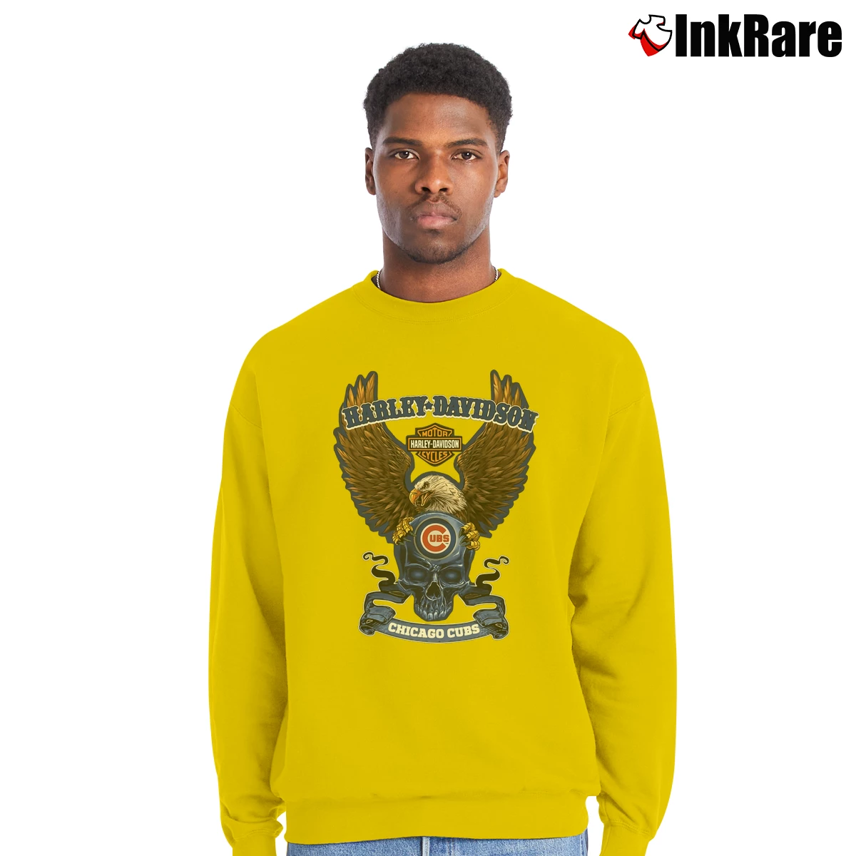 Chicago Cubs Harley Davidson Motorcycle Eagle Skull Men’s Crewneck Sweatshirt in yellow – Soft & Durable Men’s Chicago Cubs Harley Davidson Motorcycle Eagle Skull Crewneck Sweatshirt in yellow | Cozy Fabric, Clean Style