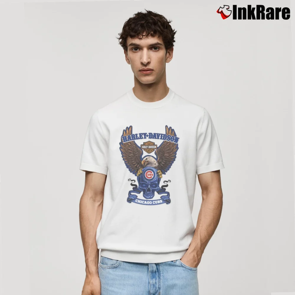 Men’s Chicago Cubs Harley Davidson Motorcycle Eagle Skull Classic T-Shirt in white | Soft, Breathable Everyday Wear