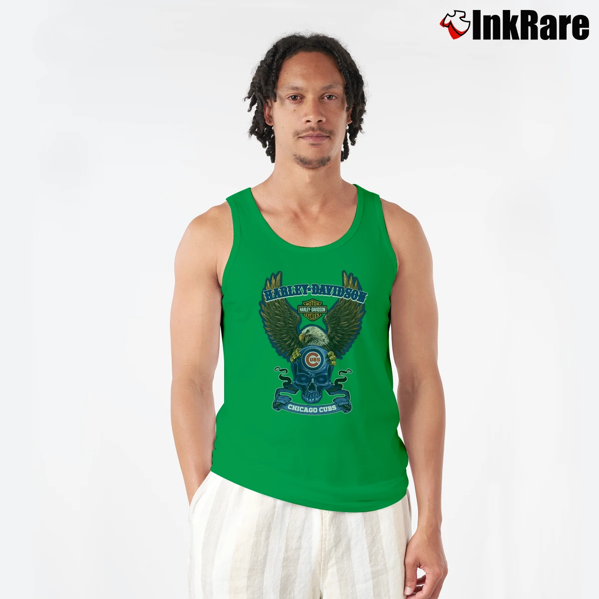 Chicago Cubs Harley Davidson Motorcycle Eagle Skull Men’s Performance Tank in irish green – Lightweight Comfort Men’s Chicago Cubs Harley Davidson Motorcycle Eagle Skull Tank Top in irish green | Breathable, Active-Friendly Design
