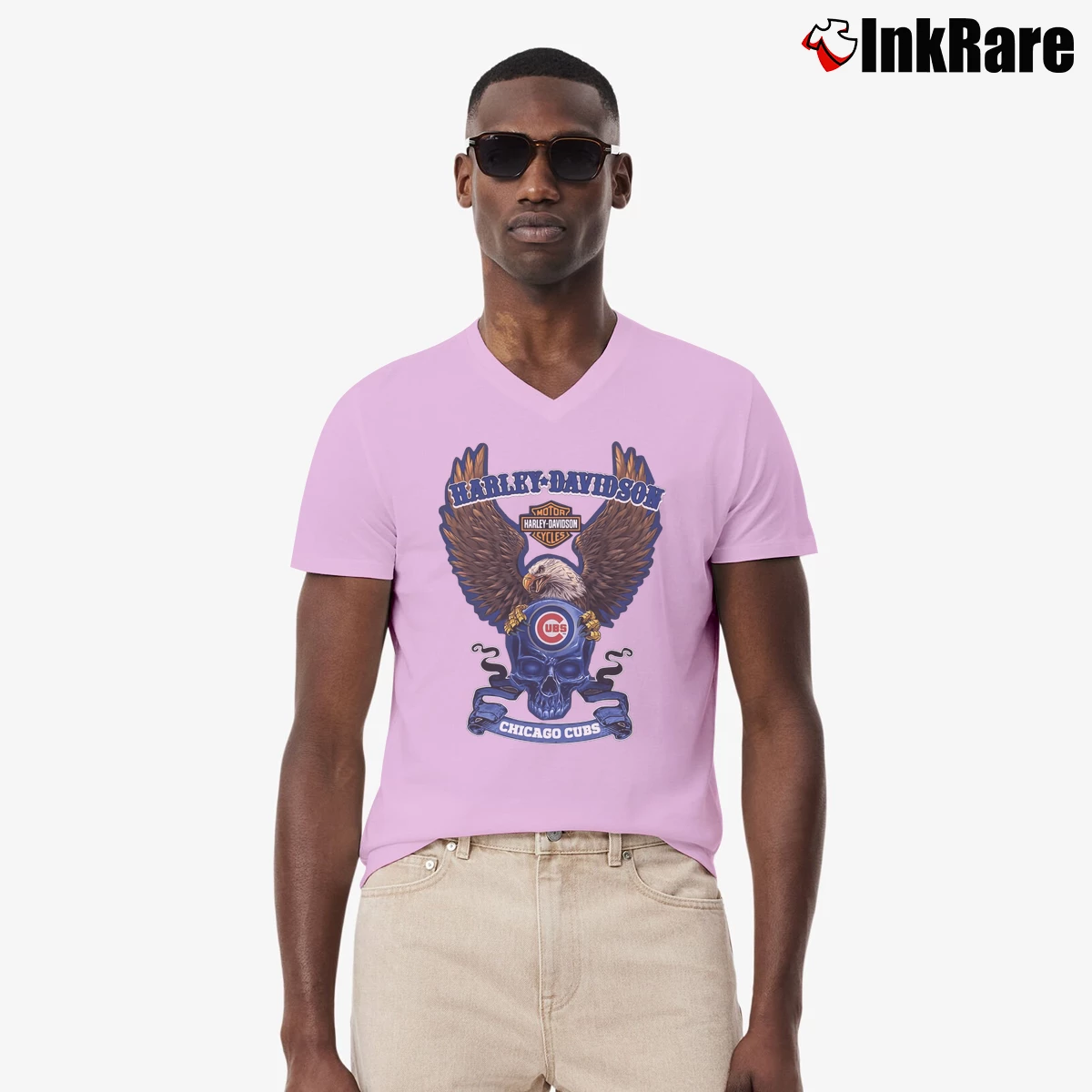 Chicago Cubs Harley Davidson Motorcycle Eagle Skull Men’s V-Neck Tee in light pink – Modern Essential Men’s Chicago Cubs Harley Davidson Motorcycle Eagle Skull V-Neck Tee in light pink | Sharp, Breathable, Everyday Staple