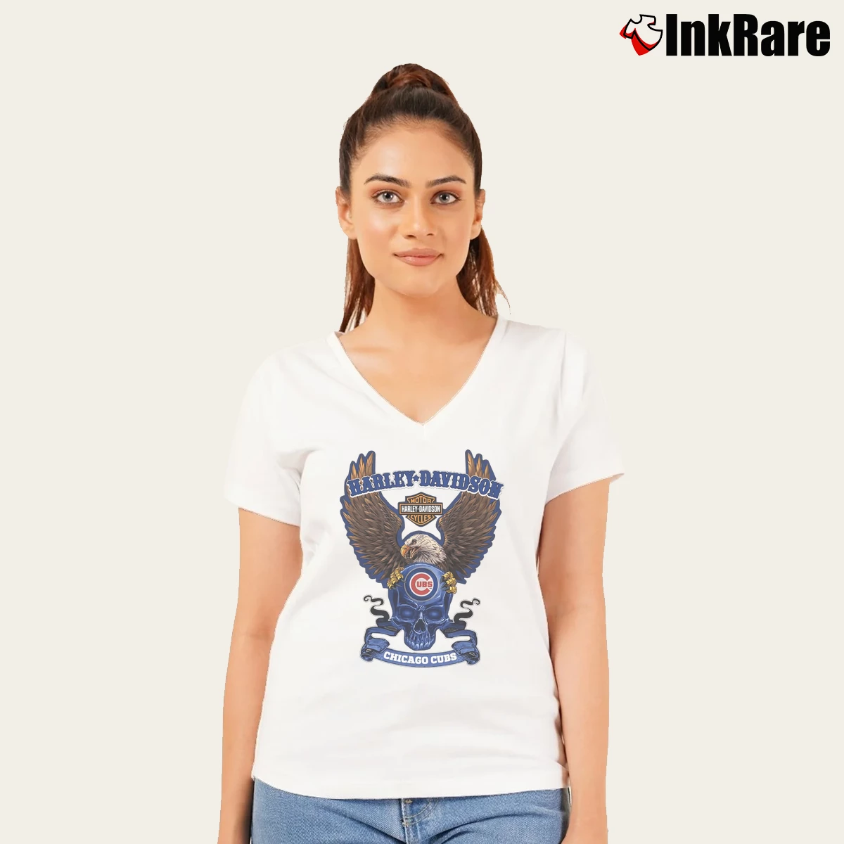Chicago Cubs Harley Davidson Motorcycle Eagle Skull Women’s V-Neck Tee in white – Flattering Fit Women’s Chicago Cubs Harley Davidson Motorcycle Eagle Skull V-Neck Tee in white | Chic Neckline, Soft Texture