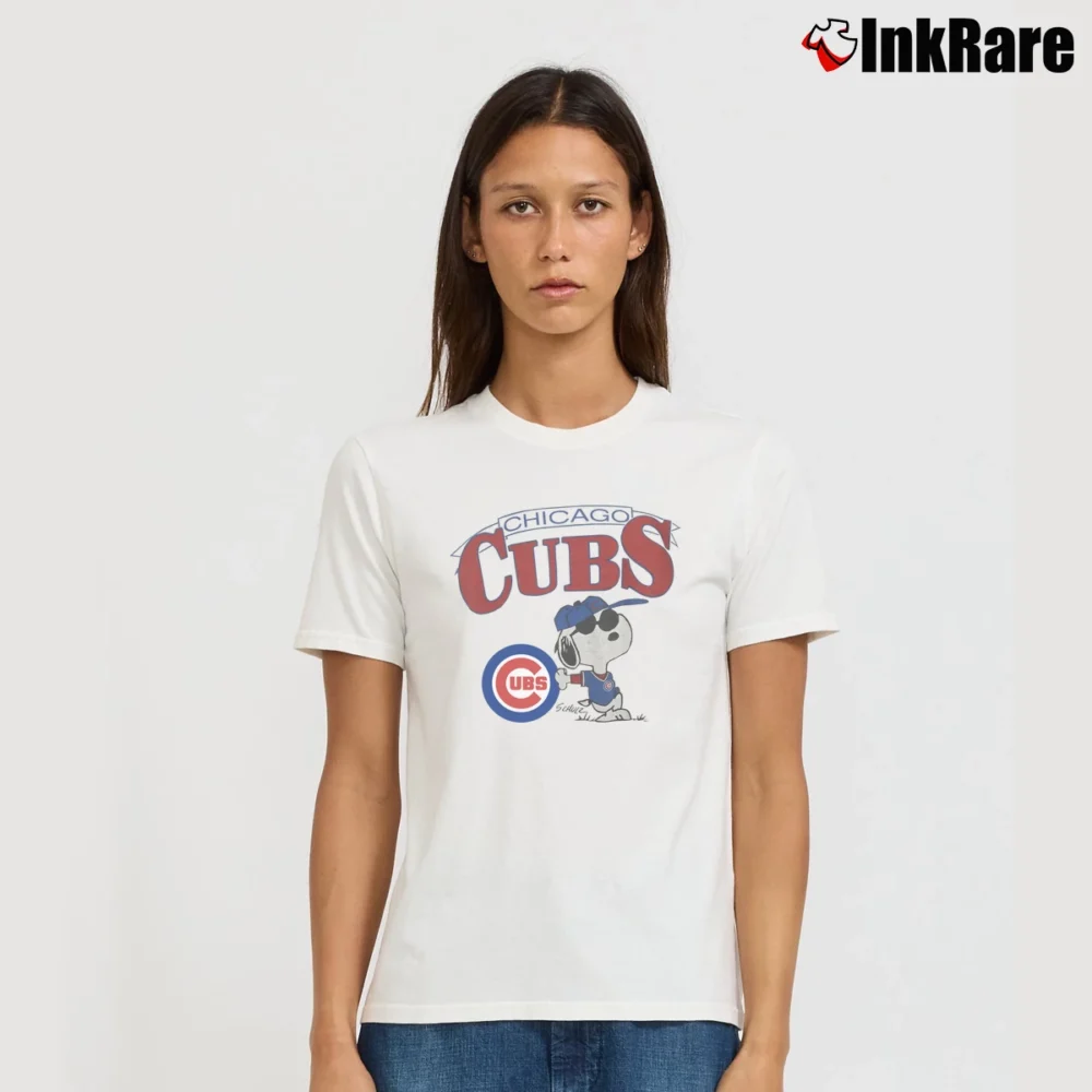 Women’s Chicago Cubs Snoopy Peanuts Baseball Signature T-Shirt in white | Soft, Flattering Fit