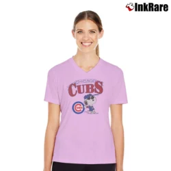 Women’s Chicago Cubs Snoopy Peanuts Baseball V-Neck Tee in light pink | Chic Neckline, Soft Texture