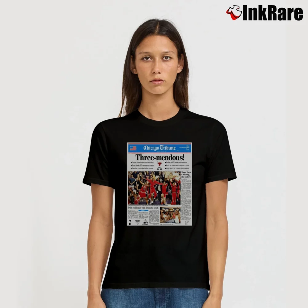 Women’s Chicago Tribune Bulls Three - Mendous Championship Signature T-Shirt in black | Soft, Flattering Fit