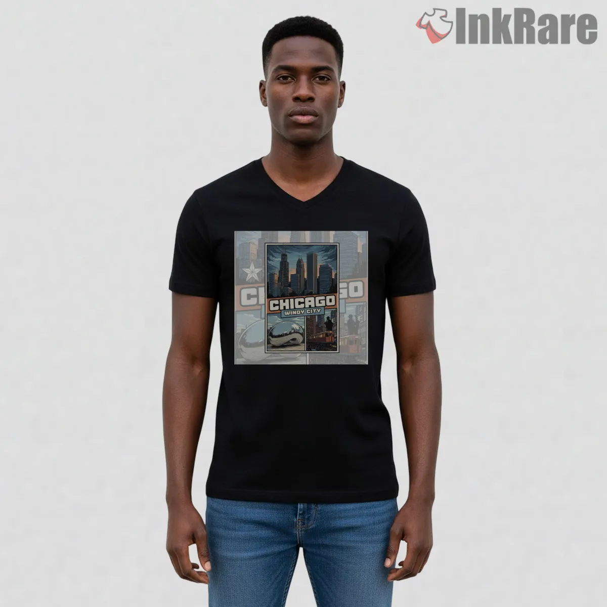 Chicago Windy City Vintage Travel Poster Gta Inspired V Neck Black Chicago Windy City Vintage Travel Poster Gta Inspired Shirt on black v-neck shirt for men graphic tee