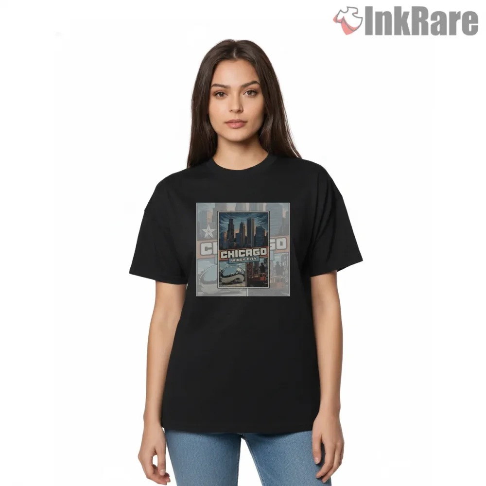 Chicago Windy City Vintage Travel Poster Gta Inspired Shirt on black short sleeve shirt for women graphic tee