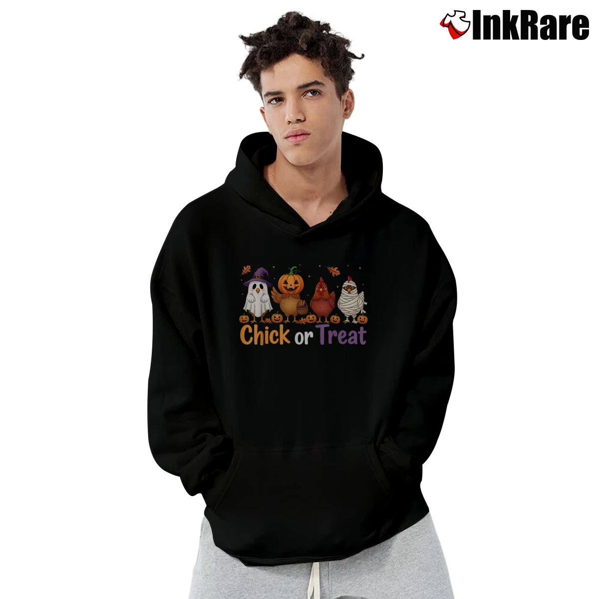 Men’s Chick Or Treat Witch Spooky Chicken Farmer Halloween Pullover Hoodie in black | Cozy, Durable, Modern Fit