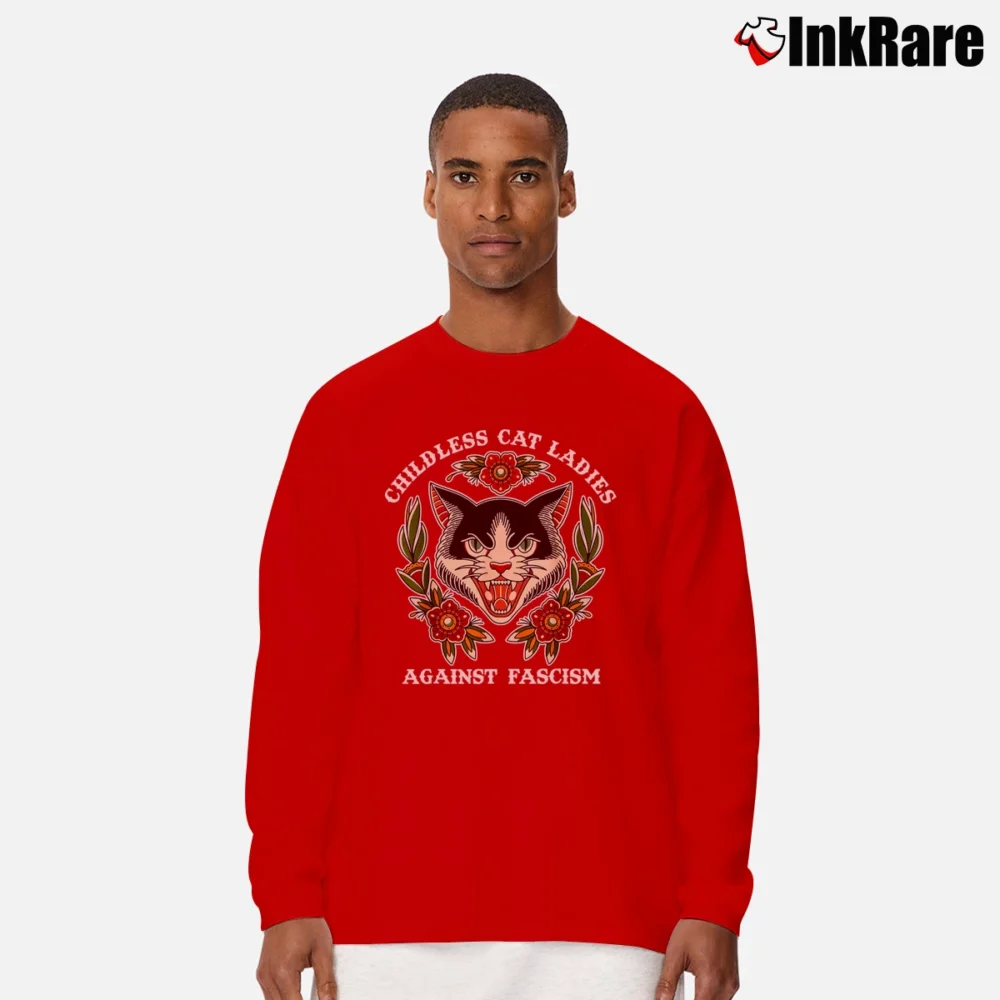 Men’s Childless Cat Ladies Against Fascism Feminist Cat Long-Sleeve Shirt in red | Sleek, Lightweight, Year-Round Wear