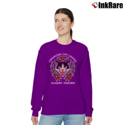 Women’s Childless Cat Ladies Against Fascism Feminist Cat Relaxed Sweatshirt in purple | Soft, Laid-Back Vibe