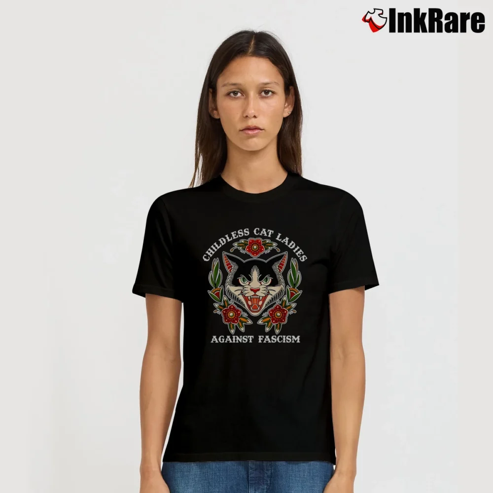 Women’s Childless Cat Ladies Against Fascism Feminist Cat Signature T-Shirt in black | Soft, Flattering Fit