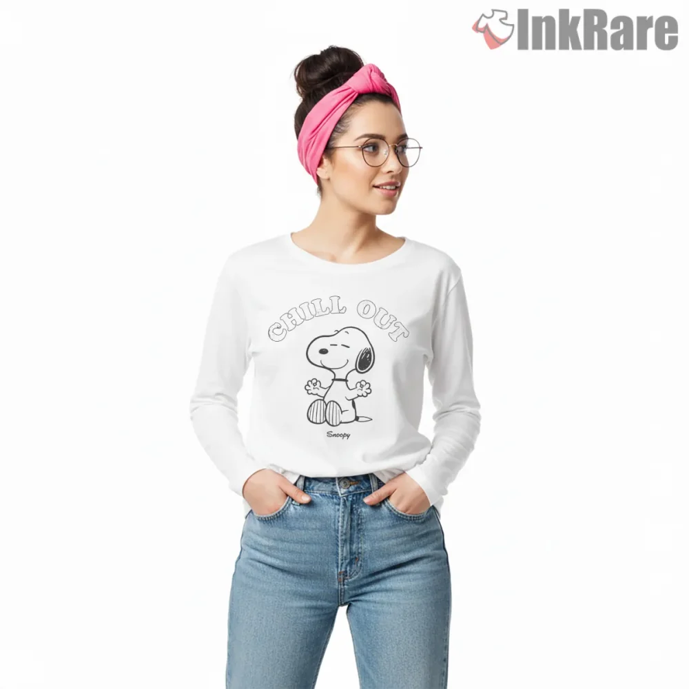 Chill Out Snoopy Relaxed Vibes Shirt on white long sleeve shirt for women graphic tee