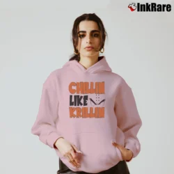 Women’s Chillin Like Krillin Funny Dragon Ball Nerd Cozy Hoodie in light pink | Warm, Structured, Stylish