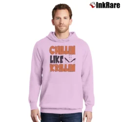 Men’s Chillin Like Krillin Funny Dragon Ball Nerd Pullover Hoodie in light pink | Cozy, Durable, Modern Fit