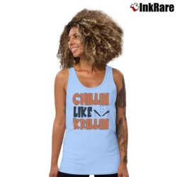 Women’s Chillin Like Krillin Funny Dragon Ball Nerd Tank Top in light blue | Lightweight, Movement-Friendly