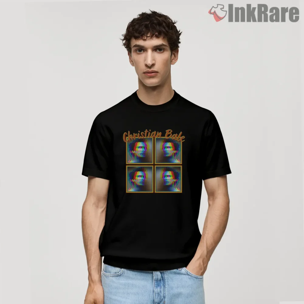 Christian Bale Glitch Pop Art Portrait Shirt on black short sleeve shirt for men graphic tee