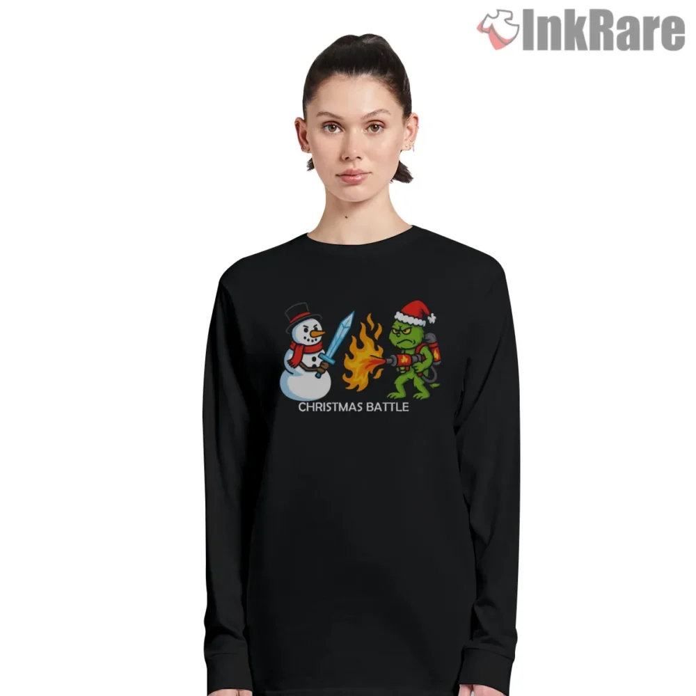 Christmas Battle Snowman Versus Grinch Shirt on black long sleeve shirt for women graphic tee