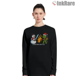 Christmas Battle Snowman Versus Grinch Shirt on black long sleeve shirt for women graphic tee
