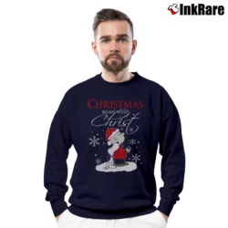 Men’s Christmas Begins With Christ Snoopy Charlie Brown Crewneck Sweatshirt in navy | Cozy Fabric, Clean Style