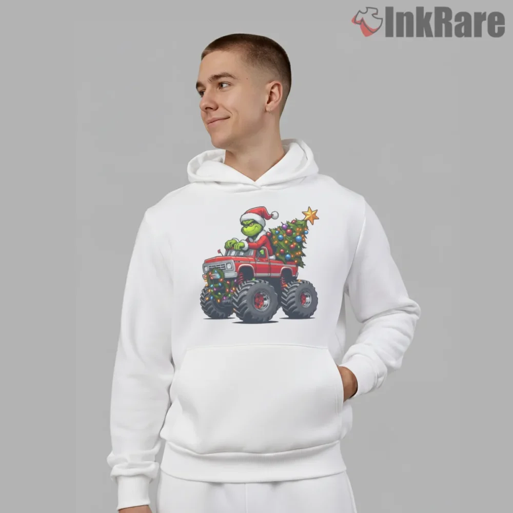 Christmas Green Guy Monster Truck Holiday Ride Shirt on white hoodie for men graphic tee