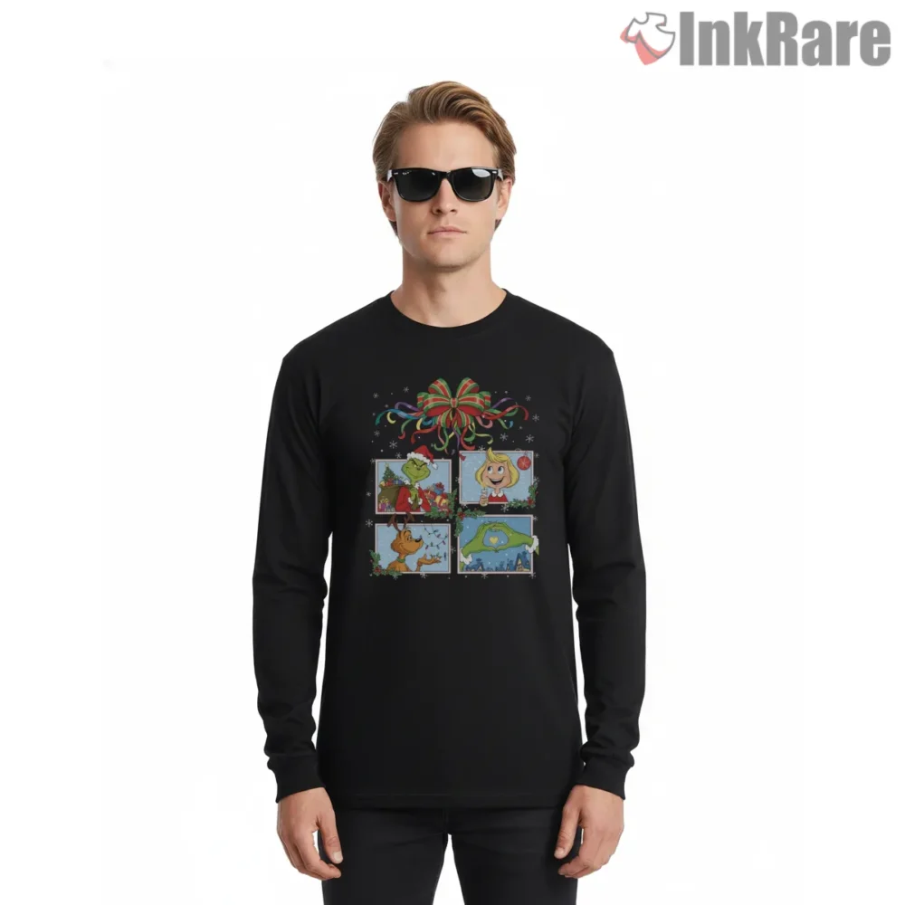 Christmas Grinch Storybook Panels Shirt on black long sleeve shirt for men graphic tee