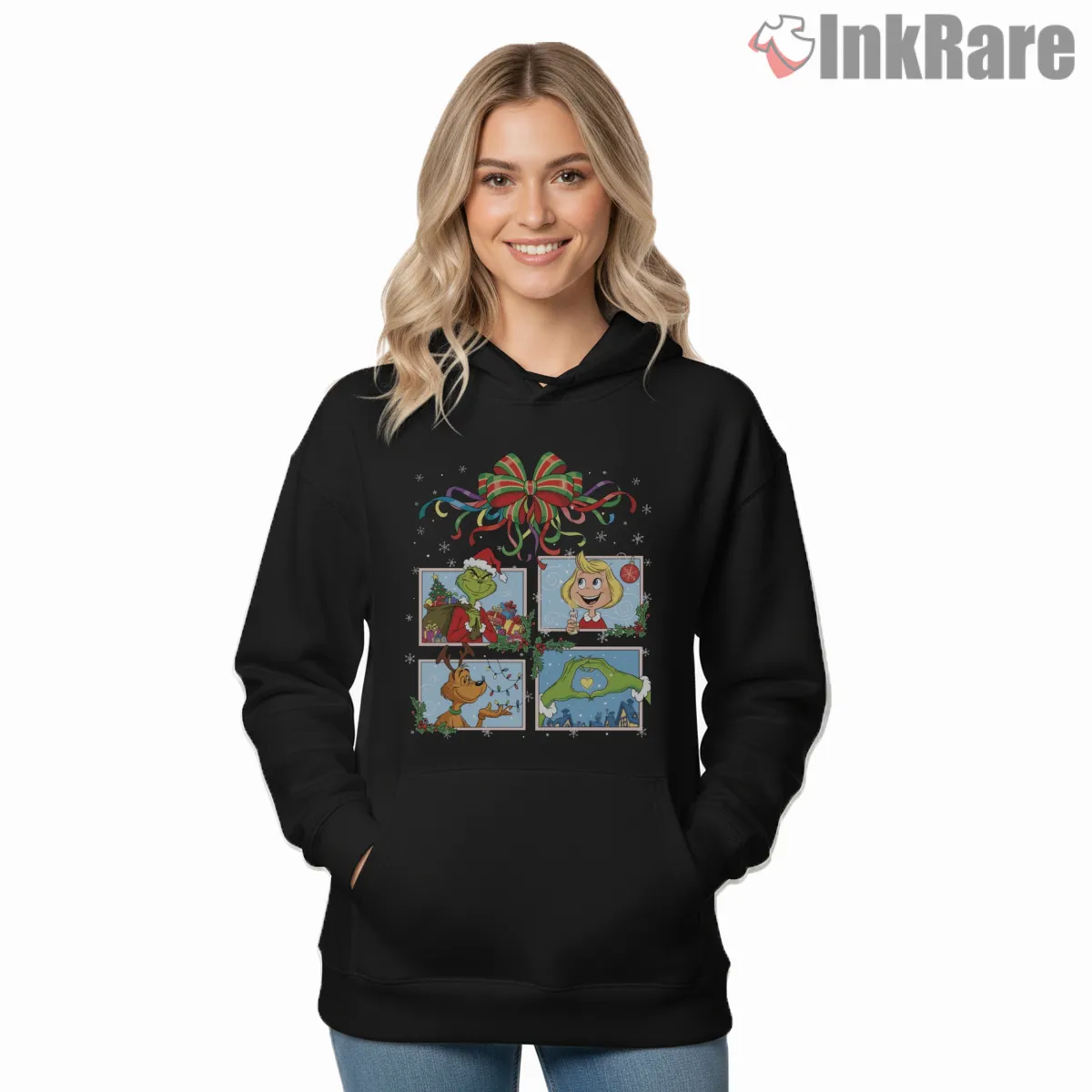 Christmas Grinch Storybook Panels Hoodie Black Christmas Grinch Storybook Panels Shirt on black hoodie for women graphic tee