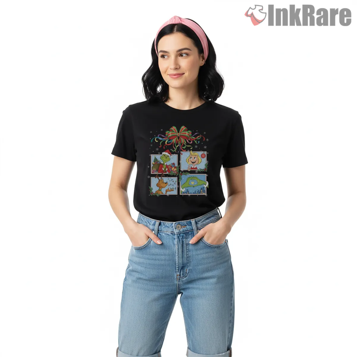 Christmas Grinch Storybook Panels Short Sleeve Black Christmas Grinch Storybook Panels Shirt on black short sleeve shirt for women graphic tee