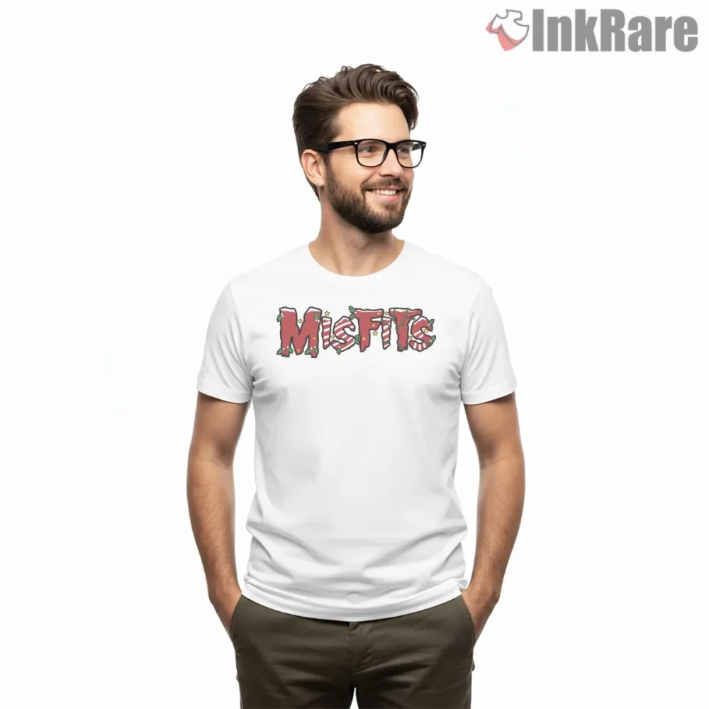 Christmas Misfits Candy Cane Logo Shirt on white short sleeve shirt for men graphic tee